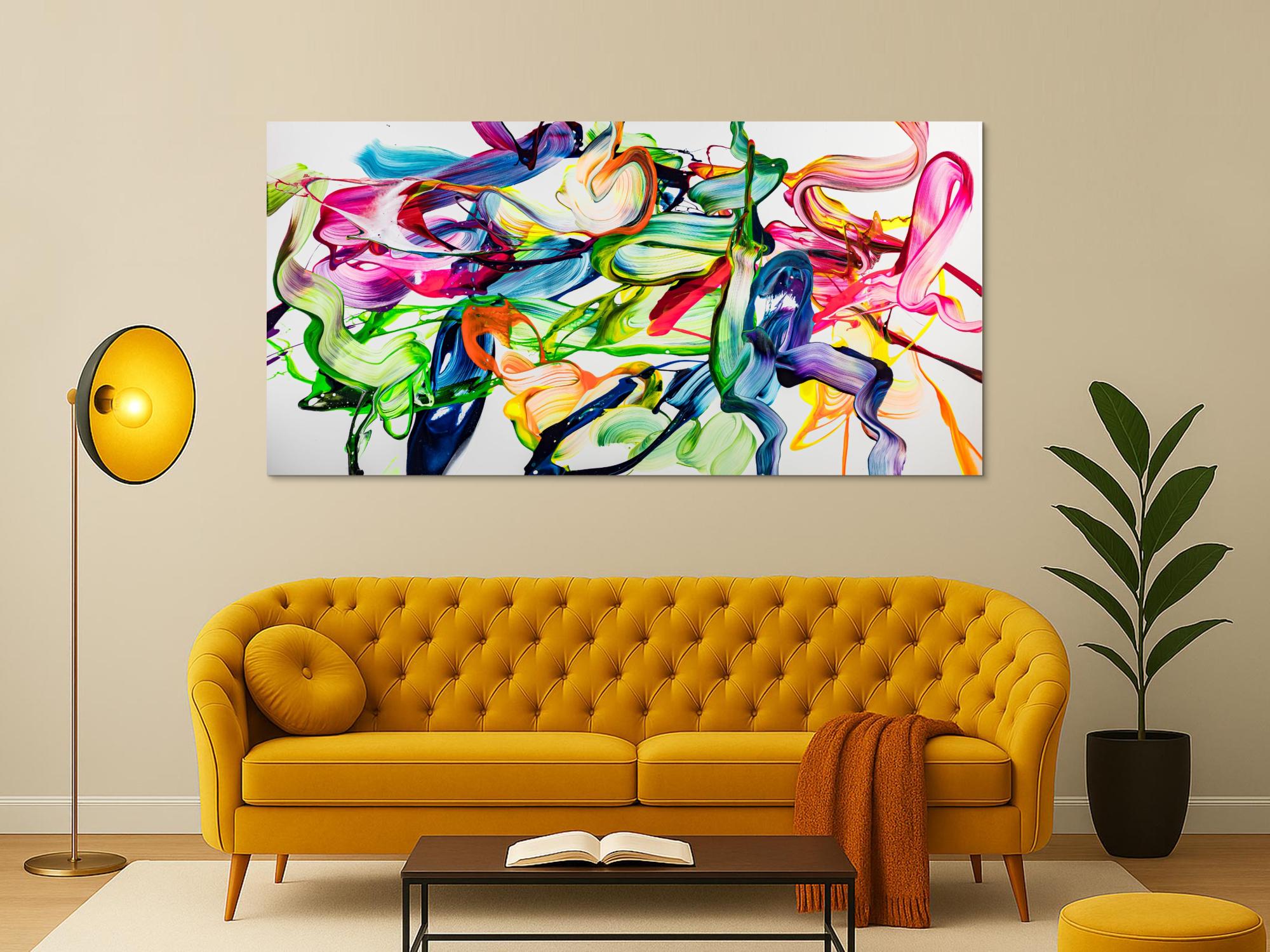 Abstraktes Original Gemälde 100x200cm Spachteltechnik Modern Art handgefertigt Action Painting weiß bunt hellgrün Einzelstück