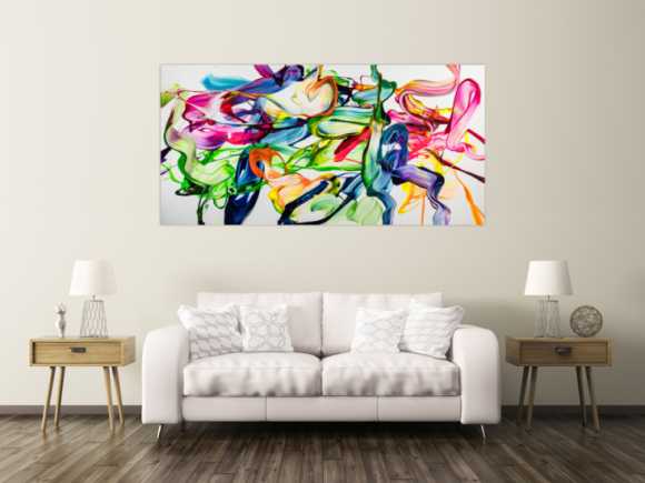 Abstraktes Original Gemälde 100x200cm Spachteltechnik Modern Art handgefertigt Action Painting weiß bunt hellgrün Einzelstück