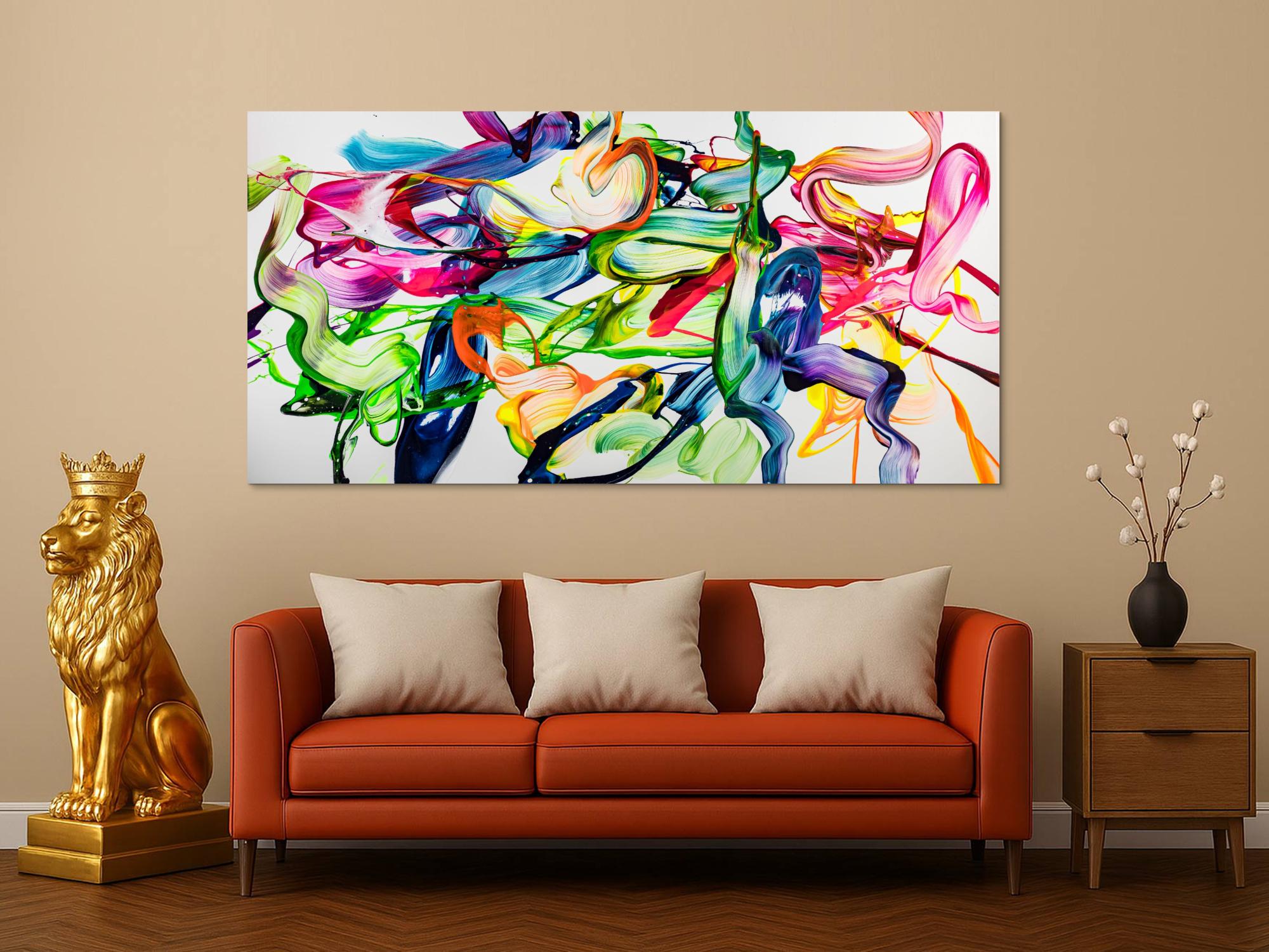 Abstraktes Original Gemälde 100x200cm Spachteltechnik Modern Art handgefertigt Action Painting weiß bunt hellgrün Einzelstück