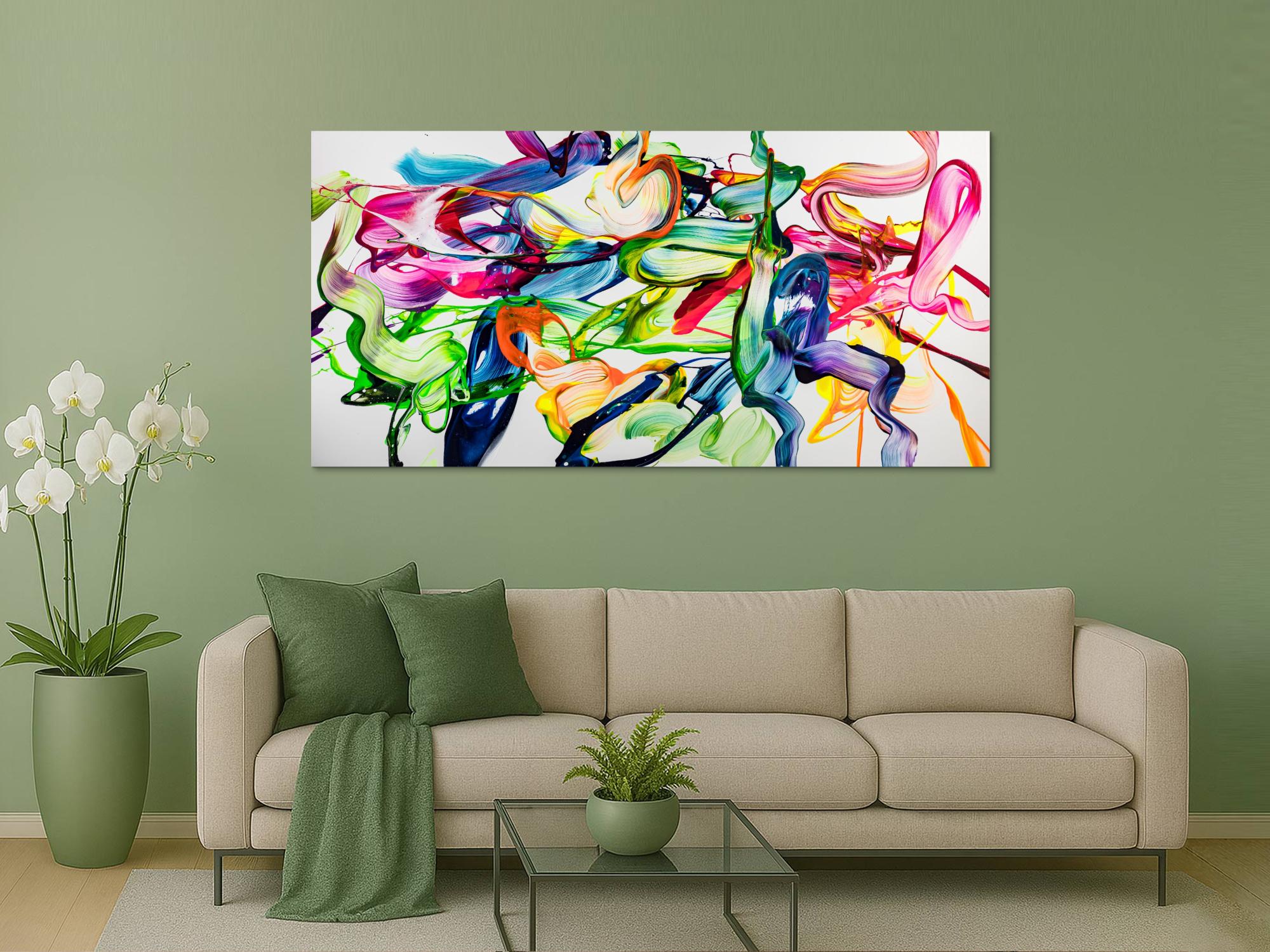 Abstraktes Original Gemälde 100x200cm Spachteltechnik Modern Art handgefertigt Action Painting weiß bunt hellgrün Einzelstück