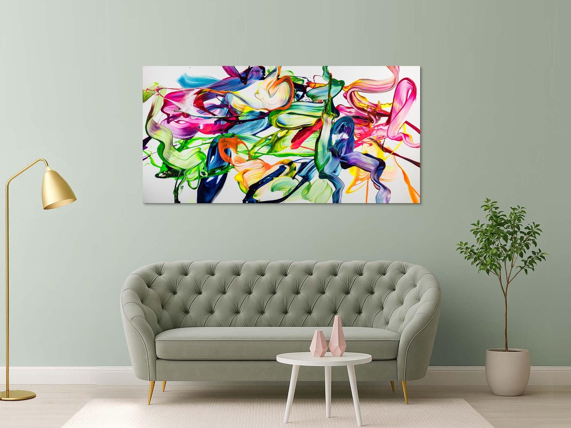 Abstraktes Original Gemälde 100x200cm Spachteltechnik Modern Art handgefertigt Action Painting weiß bunt hellgrün Einzelstück