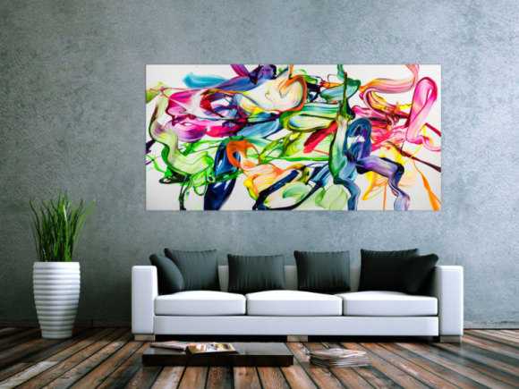 Abstraktes Original Gemälde 100x200cm Spachteltechnik Modern Art handgefertigt Action Painting weiß bunt hellgrün Einzelstück