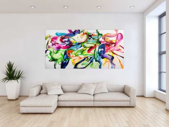 Abstraktes Original Gemälde 100x200cm Spachteltechnik Modern Art handgefertigt Action Painting weiß bunt hellgrün Einzelstück