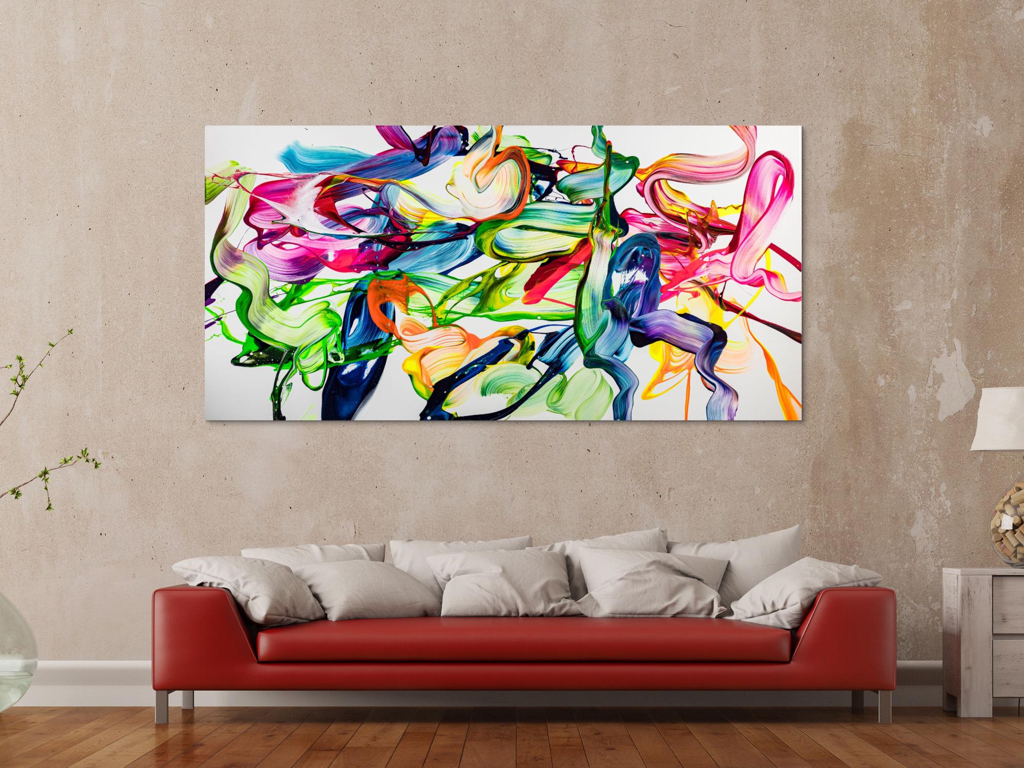 Abstraktes Original Gemälde 100x200cm Spachteltechnik Modern Art handgefertigt Action Painting weiß bunt hellgrün Einzelstück