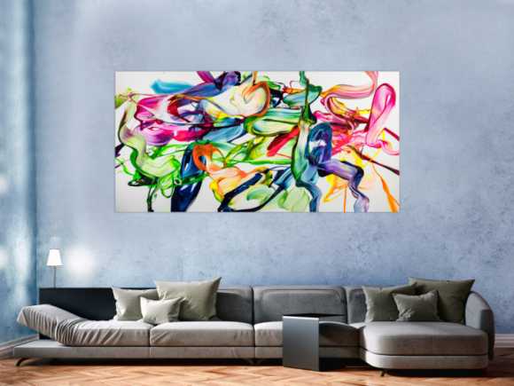 Abstraktes Original Gemälde 100x200cm Spachteltechnik Modern Art handgefertigt Action Painting weiß bunt hellgrün Einzelstück