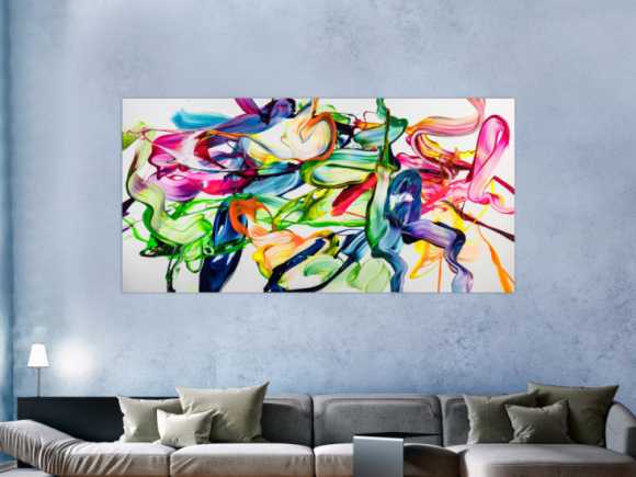 Abstraktes Original Gemälde 100x200cm Spachteltechnik Modern Art handgefertigt Action Painting weiß bunt hellgrün Einzelstück