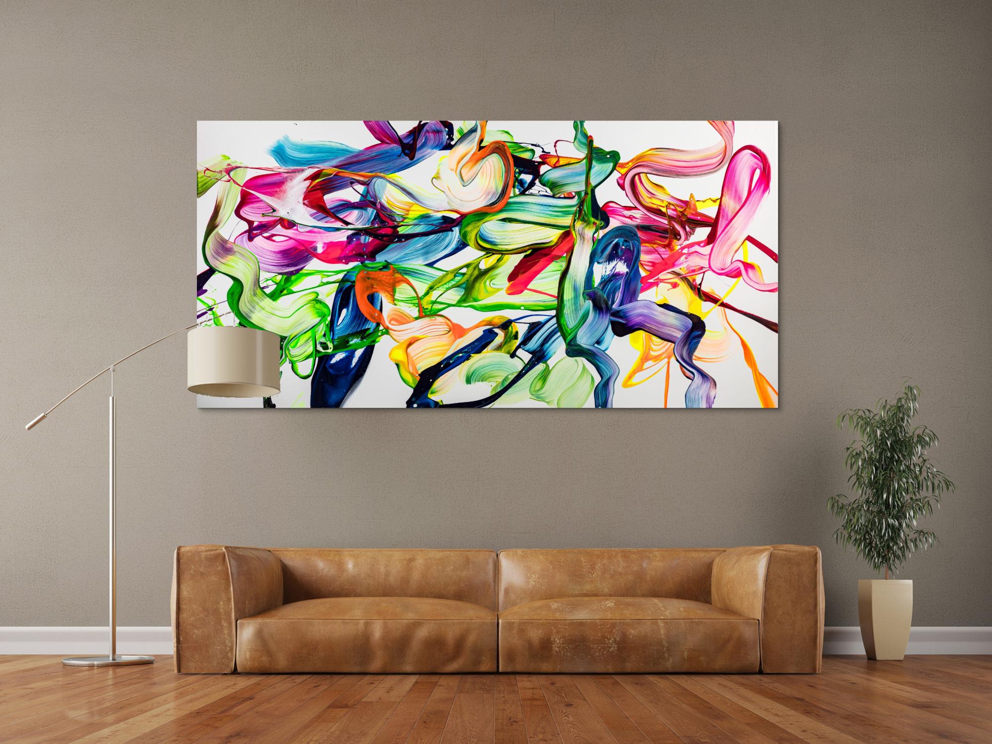 Abstraktes Original Gemälde 100x200cm Spachteltechnik Modern Art handgefertigt Action Painting weiß bunt hellgrün Einzelstück