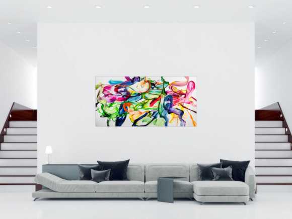 Abstraktes Original Gemälde 100x200cm Spachteltechnik Modern Art handgefertigt Action Painting weiß bunt hellgrün Einzelstück