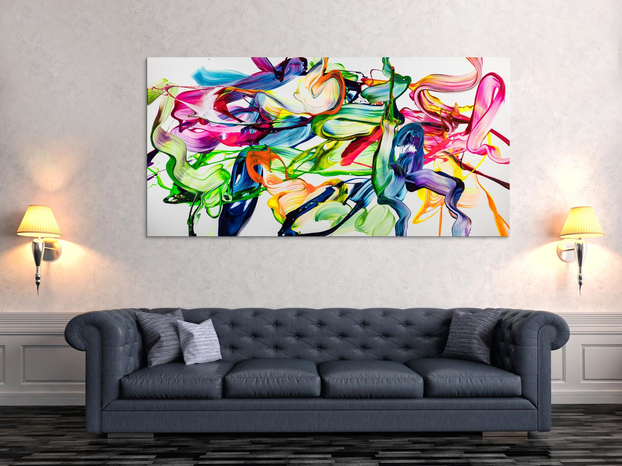 Abstraktes Original Gemälde 100x200cm Spachteltechnik Modern Art handgefertigt Action Painting weiß bunt hellgrün Einzelstück