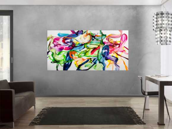 Abstraktes Original Gemälde 100x200cm Spachteltechnik Modern Art handgefertigt Action Painting weiß bunt hellgrün Einzelstück