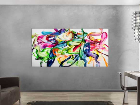 Abstraktes Original Gemälde 100x200cm Spachteltechnik Modern Art handgefertigt Action Painting weiß bunt hellgrün Einzelstück