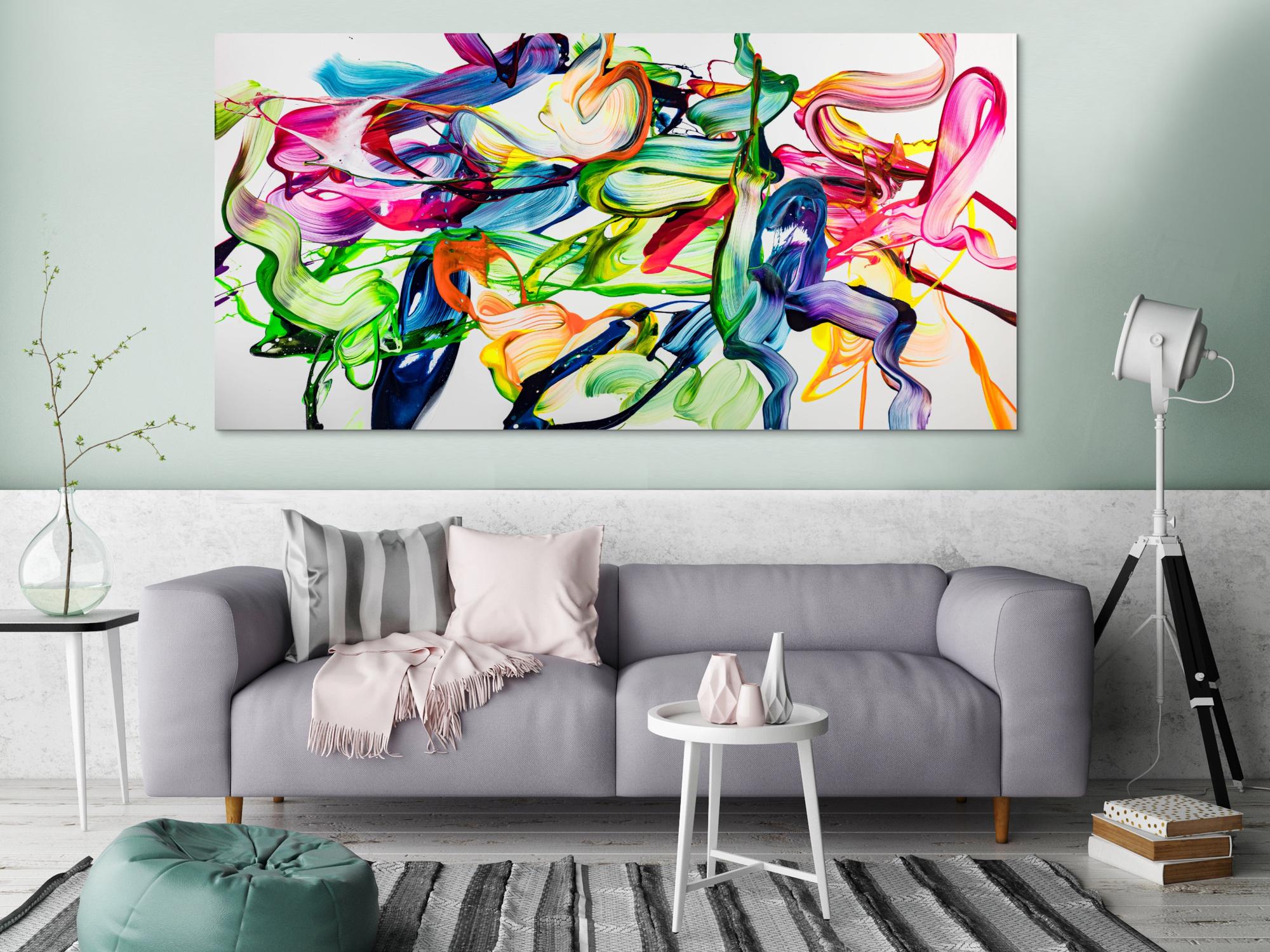 Abstraktes Original Gemälde 100x200cm Spachteltechnik Modern Art handgefertigt Action Painting weiß bunt hellgrün Einzelstück