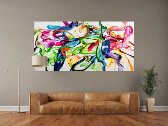 Abstraktes Original Gemälde 100x200cm Spachteltechnik Modern Art handgefertigt Action Painting weiß bunt hellgrün Einzelstück