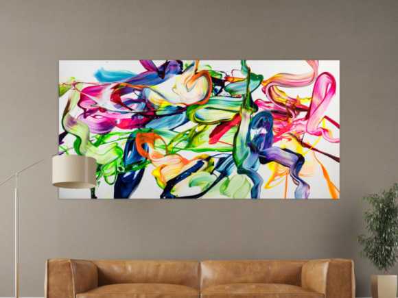 Abstraktes Original Gemälde 100x200cm Spachteltechnik Modern Art handgefertigt Action Painting weiß bunt hellgrün Einzelstück