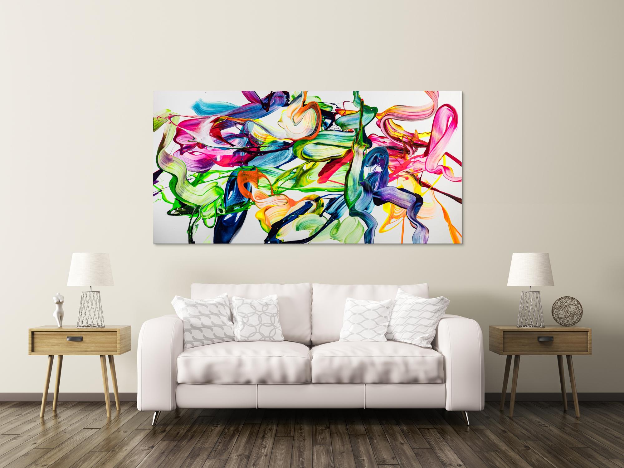 Abstraktes Original Gemälde 100x200cm Spachteltechnik Modern Art handgefertigt Action Painting weiß bunt hellgrün Einzelstück