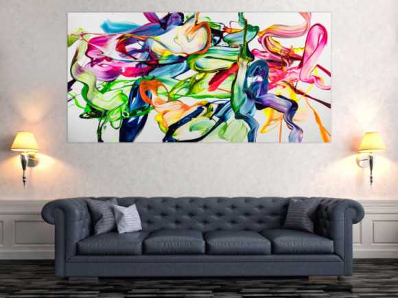 Abstraktes Original Gemälde 100x200cm Spachteltechnik Modern Art handgefertigt Action Painting weiß bunt hellgrün Einzelstück