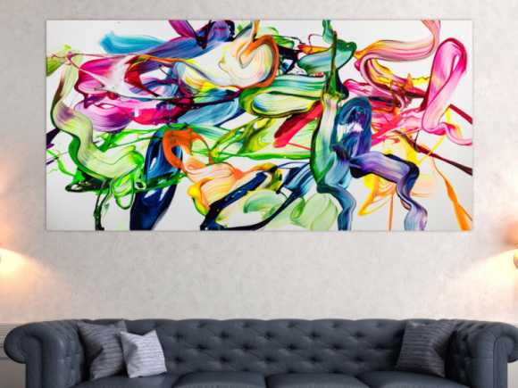 Abstraktes Original Gemälde 100x200cm Spachteltechnik Modern Art handgefertigt Action Painting weiß bunt hellgrün Einzelstück