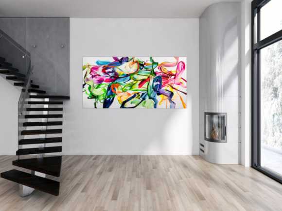 Abstraktes Original Gemälde 100x200cm Spachteltechnik Modern Art handgefertigt Action Painting weiß bunt hellgrün Einzelstück