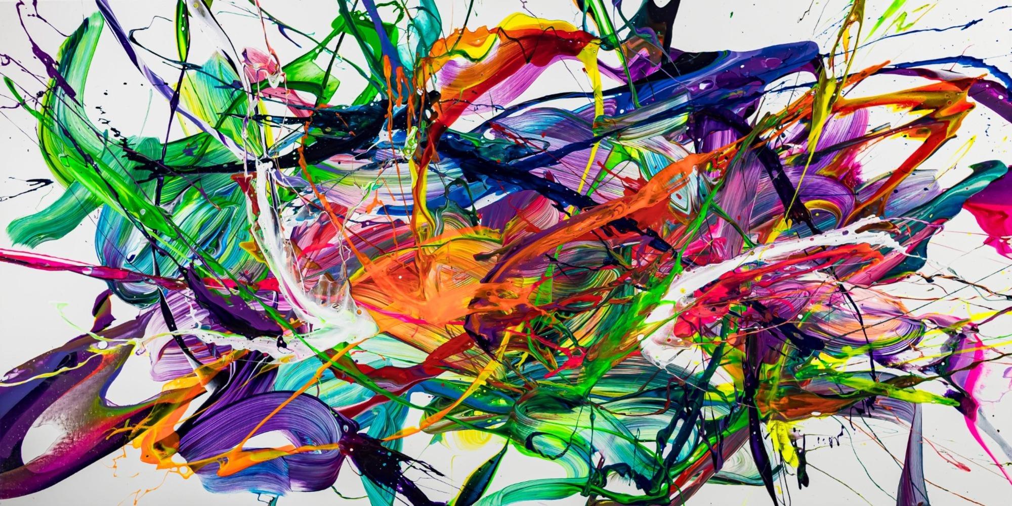 Gemälde Original abstrakt 90x180cm Action Painting zeitgenössisch handgefertigt Fluid Painting weiß bunt blau Einzelstück