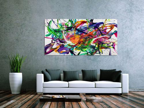 Gemälde Original abstrakt 90x180cm Action Painting zeitgenössisch handgefertigt Fluid Painting weiß bunt blau Einzelstück