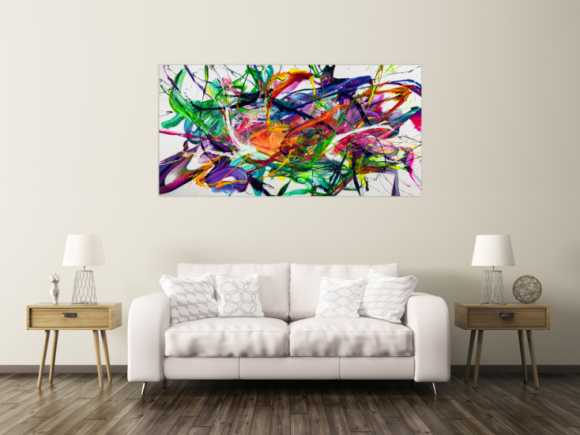 Gemälde Original abstrakt 90x180cm Action Painting zeitgenössisch handgefertigt Fluid Painting weiß bunt blau Einzelstück