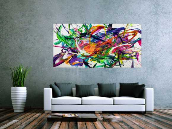 Gemälde Original abstrakt 90x180cm Action Painting zeitgenössisch handgefertigt Fluid Painting weiß bunt blau Einzelstück