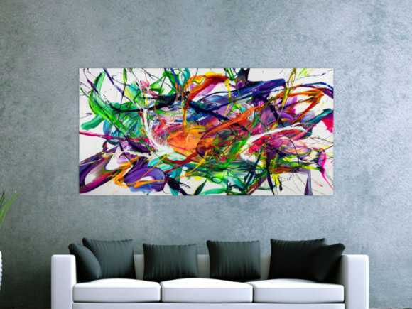 Gemälde Original abstrakt 90x180cm Action Painting zeitgenössisch handgefertigt Fluid Painting weiß bunt blau Einzelstück