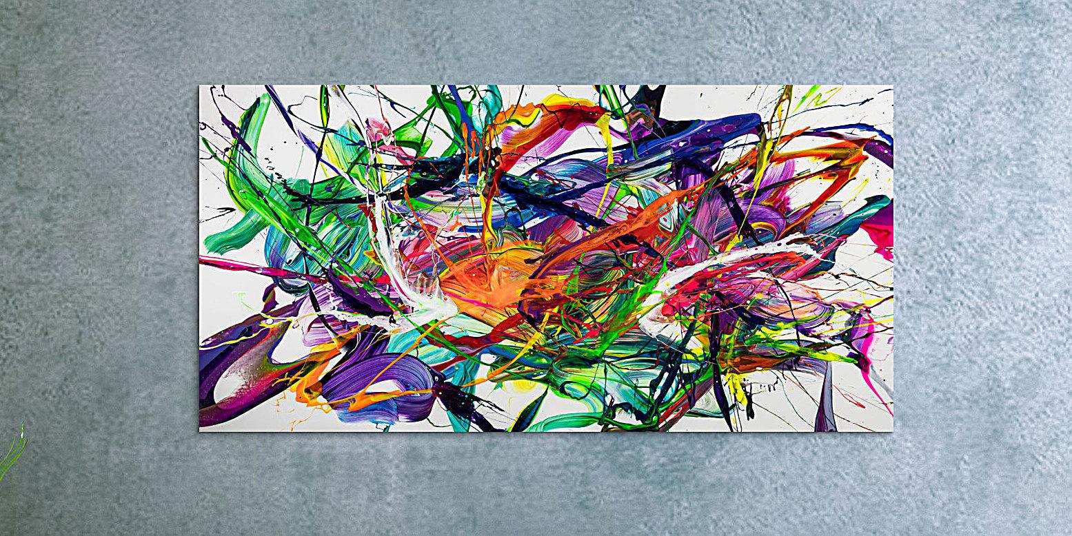 Gemälde Original abstrakt 90x180cm Action Painting zeitgenössisch handgefertigt Fluid Painting weiß bunt blau Einzelstück
