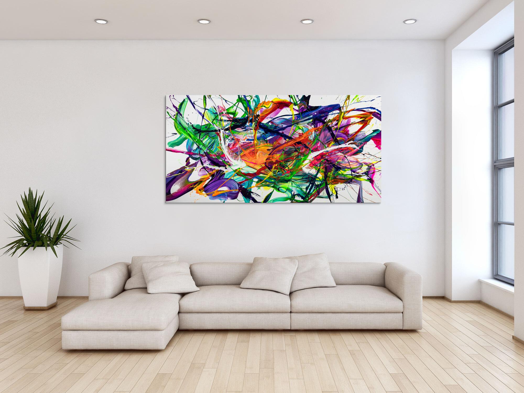 Gemälde Original abstrakt 90x180cm Action Painting zeitgenössisch handgefertigt Fluid Painting weiß bunt blau Einzelstück