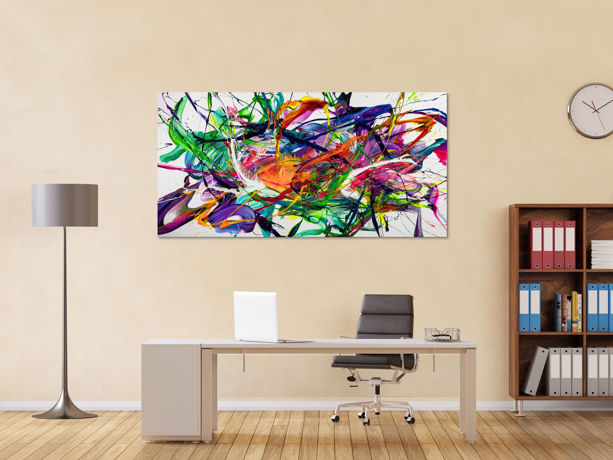 Gemälde Original abstrakt 90x180cm Action Painting zeitgenössisch handgefertigt Fluid Painting weiß bunt blau Einzelstück