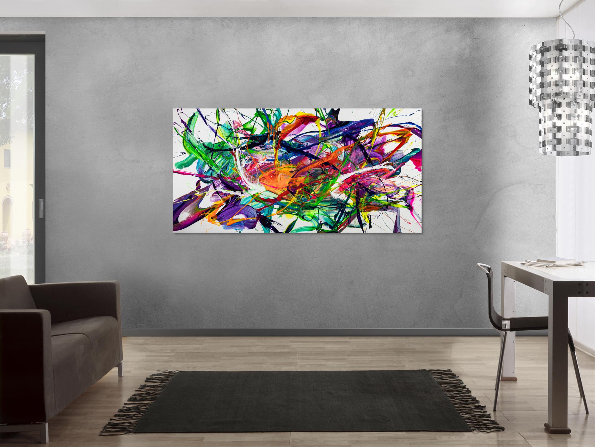 Gemälde Original abstrakt 90x180cm Action Painting zeitgenössisch handgefertigt Fluid Painting weiß bunt blau Einzelstück