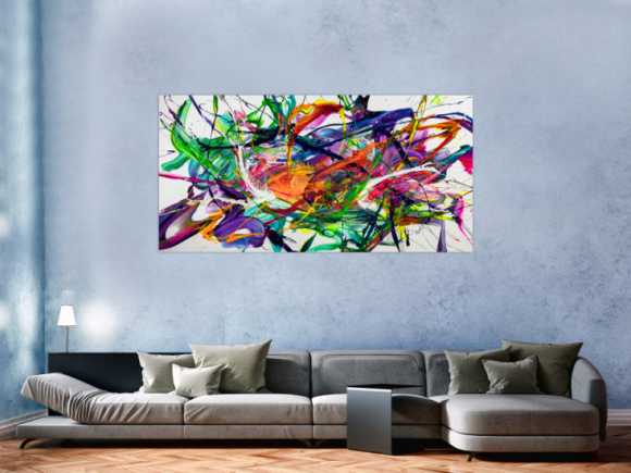 Gemälde Original abstrakt 90x180cm Action Painting zeitgenössisch handgefertigt Fluid Painting weiß bunt blau Einzelstück