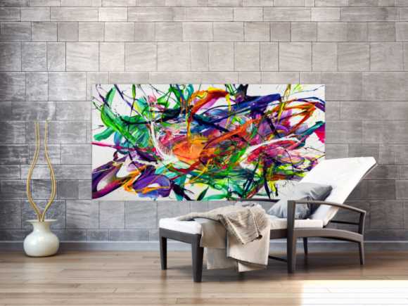 Gemälde Original abstrakt 90x180cm Action Painting zeitgenössisch handgefertigt Fluid Painting weiß bunt blau Einzelstück