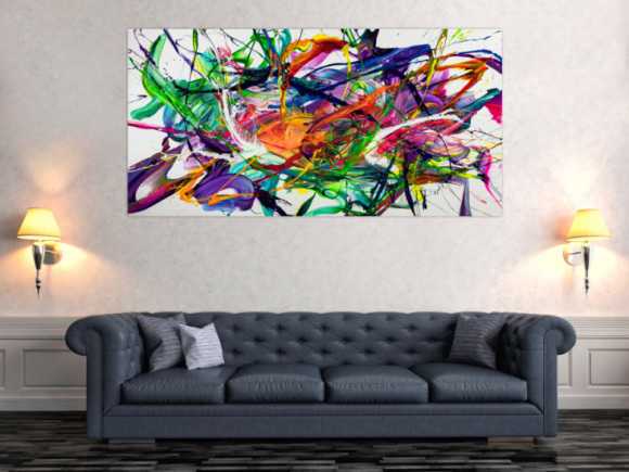 Gemälde Original abstrakt 90x180cm Action Painting zeitgenössisch handgefertigt Fluid Painting weiß bunt blau Einzelstück