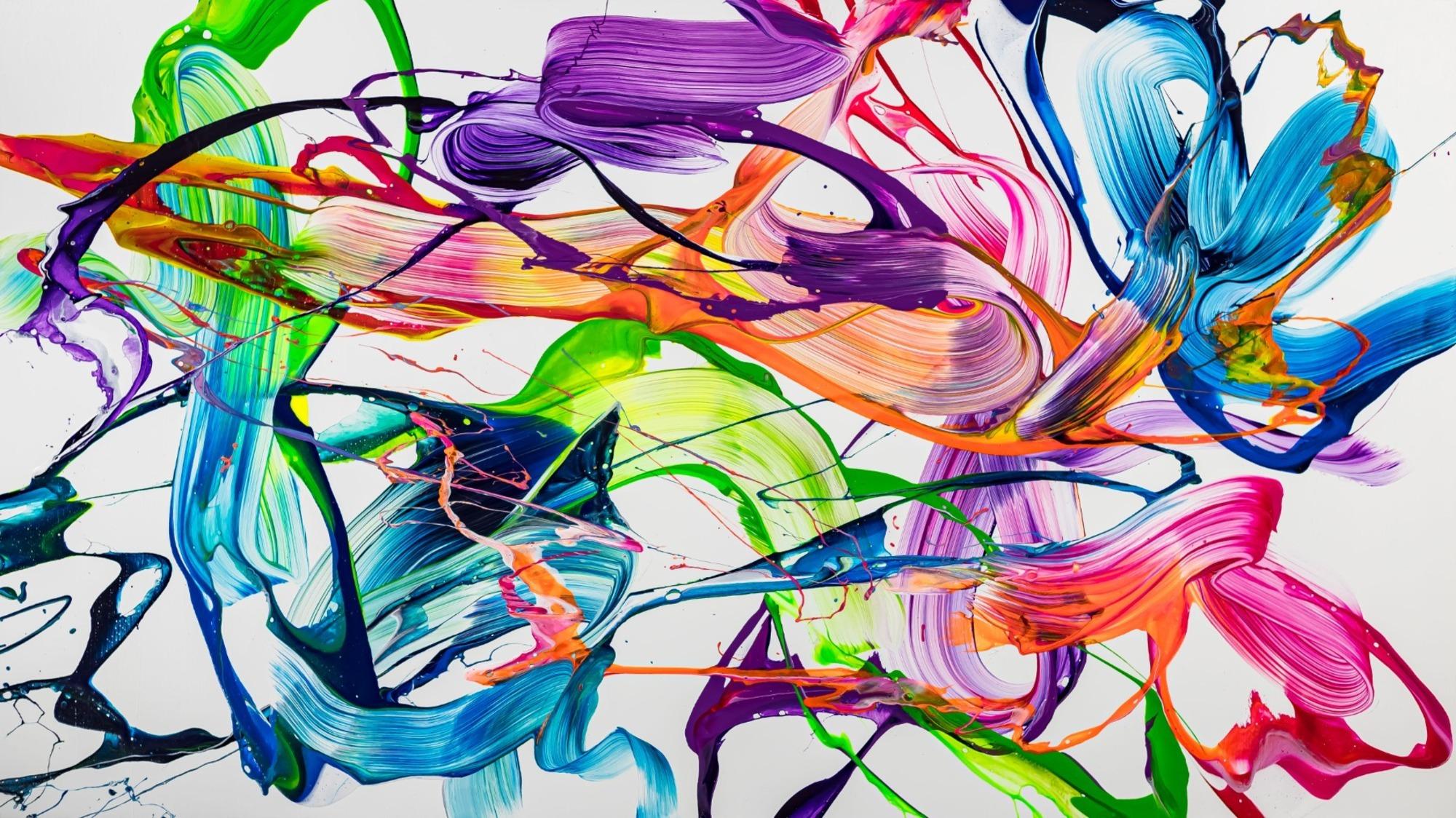 Original Gemälde abstrakt 100x180cm Action Painting zeitgenössisch handgemalt Fluid Painting weiß bunt hellgrün hochwertig