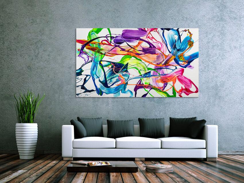 Original Gemälde abstrakt 100x180cm Action Painting zeitgenössisch handgemalt Fluid Painting weiß bunt hellgrün hochwertig