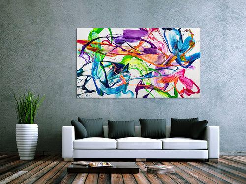 Original Gemälde abstrakt 100x180cm Action Painting zeitgenössisch handgemalt Fluid Painting weiß bunt hellgrün hochwertig