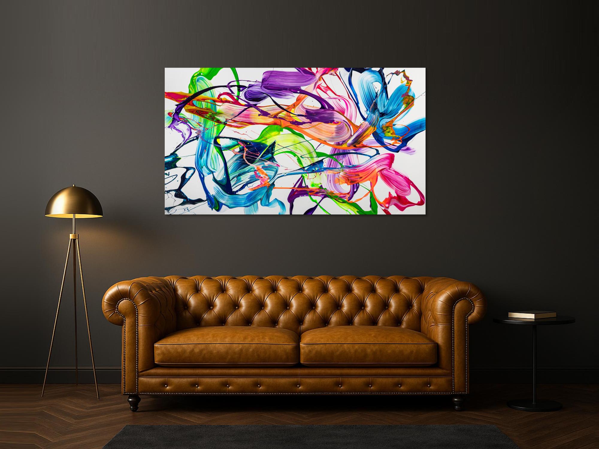 Original Gemälde abstrakt 100x180cm Action Painting zeitgenössisch handgemalt Fluid Painting weiß bunt hellgrün hochwertig