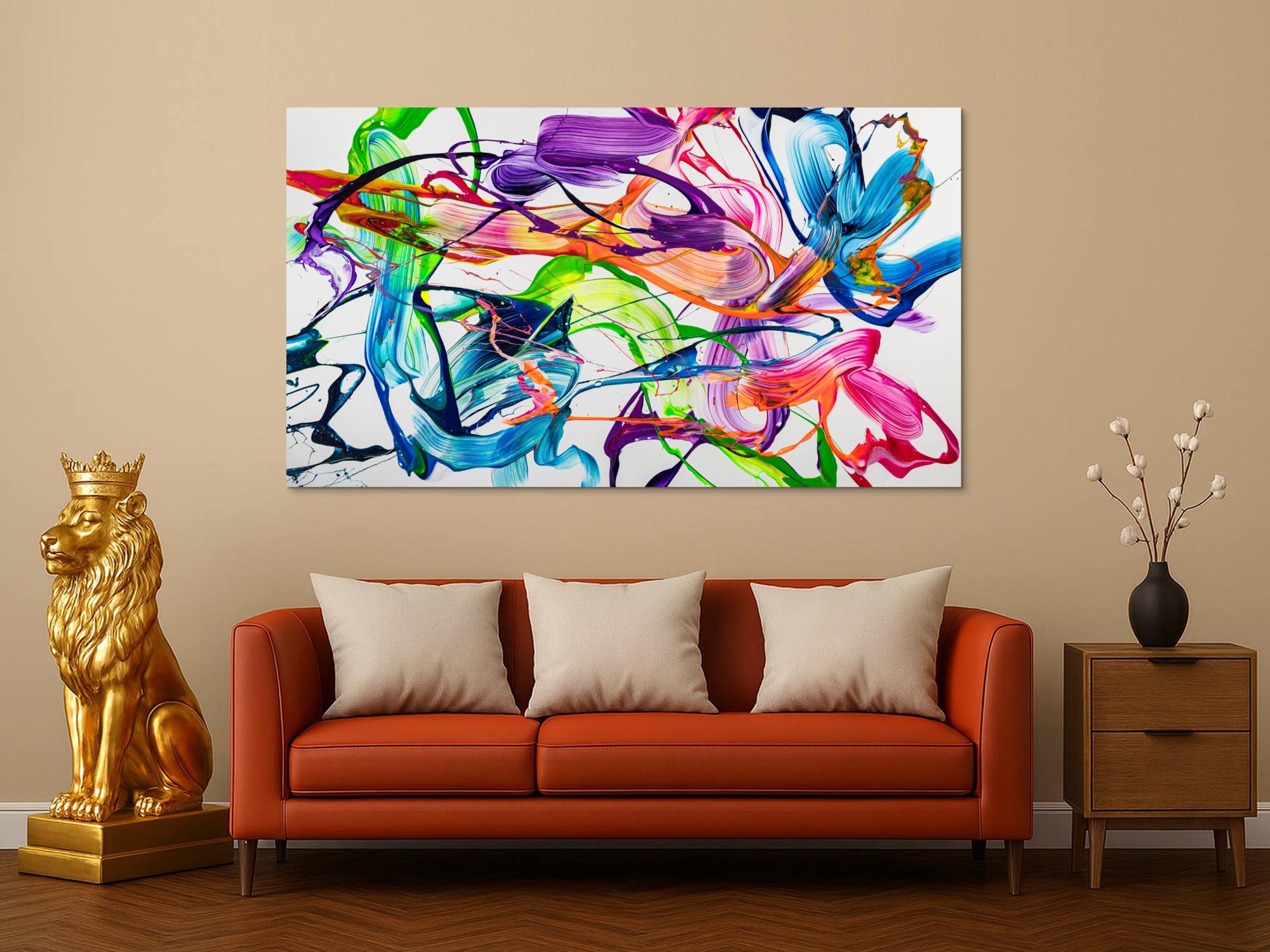 Original Gemälde abstrakt 100x180cm Action Painting zeitgenössisch handgemalt Fluid Painting weiß bunt hellgrün hochwertig