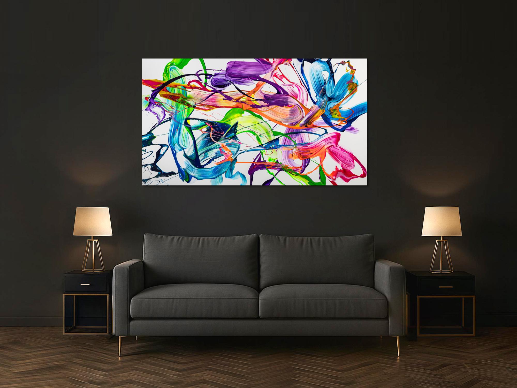 Original Gemälde abstrakt 100x180cm Action Painting zeitgenössisch handgemalt Fluid Painting weiß bunt hellgrün hochwertig