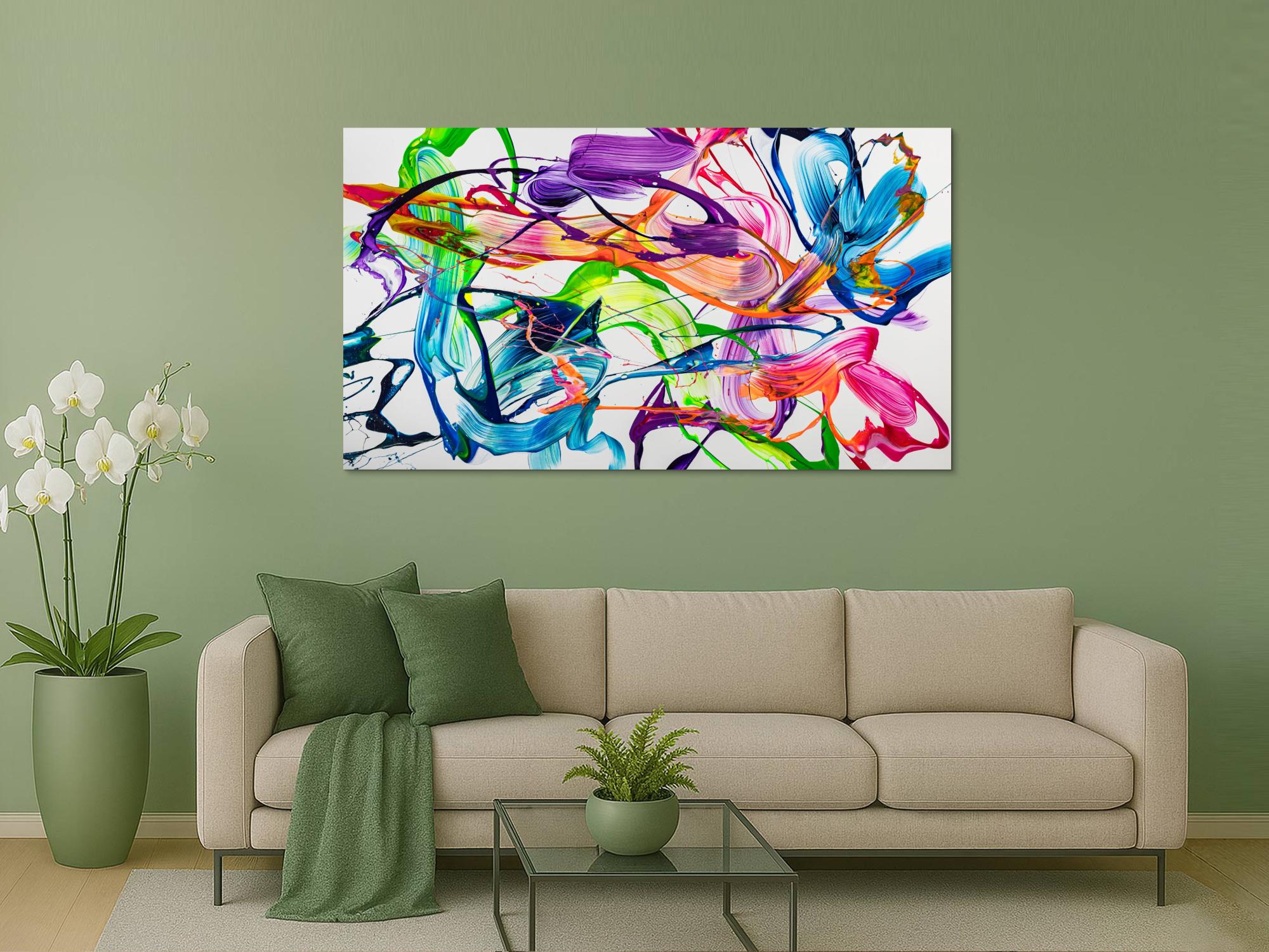 Original Gemälde abstrakt 100x180cm Action Painting zeitgenössisch handgemalt Fluid Painting weiß bunt hellgrün hochwertig