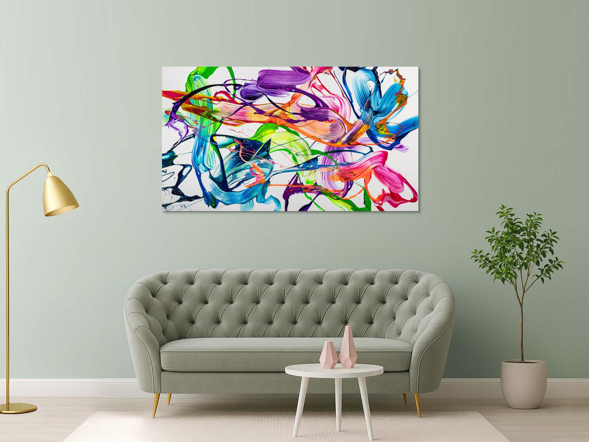 Original Gemälde abstrakt 100x180cm Action Painting zeitgenössisch handgemalt Fluid Painting weiß bunt hellgrün hochwertig