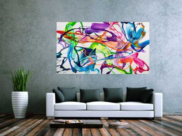 Original Gemälde abstrakt 100x180cm Action Painting zeitgenössisch handgemalt Fluid Painting weiß bunt hellgrün hochwertig