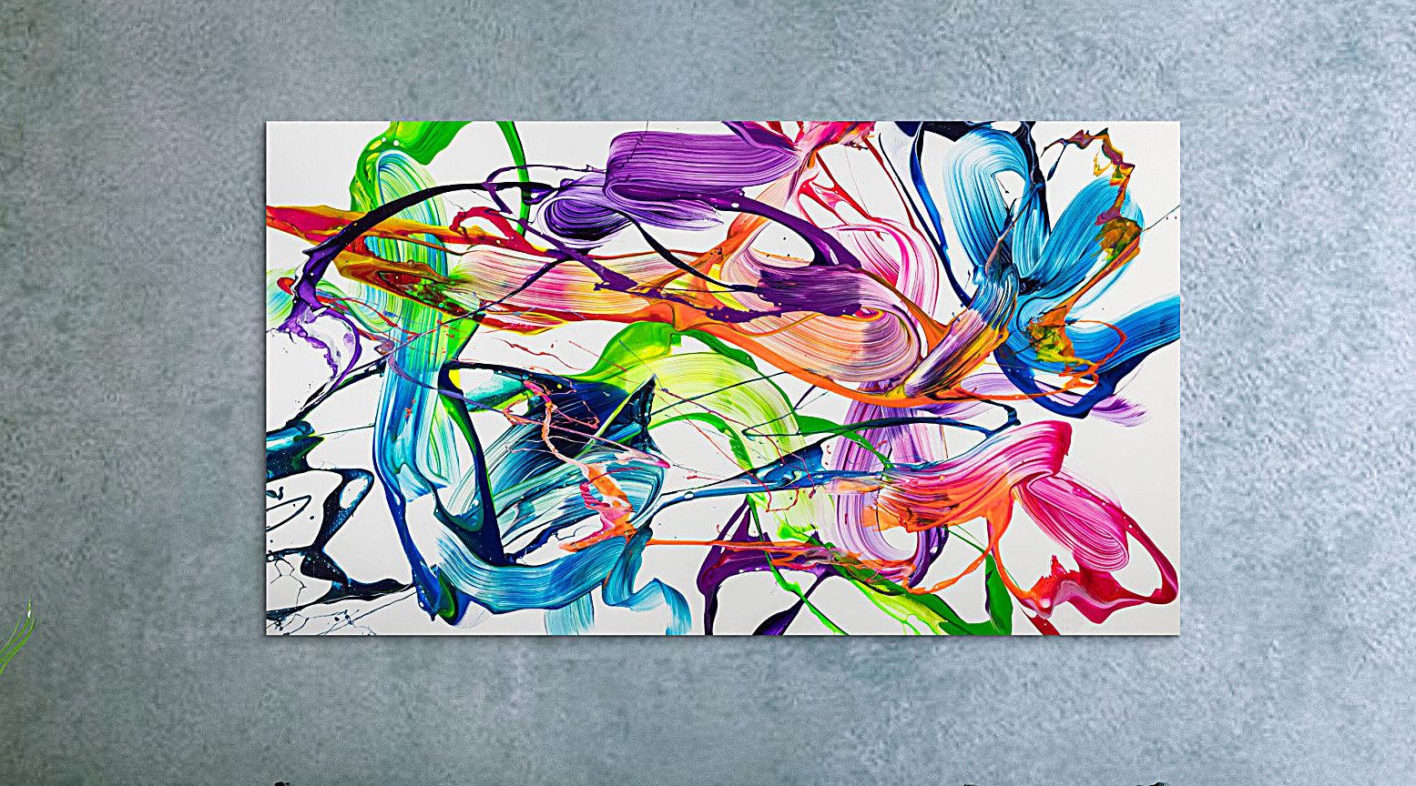 Original Gemälde abstrakt 100x180cm Action Painting zeitgenössisch handgemalt Fluid Painting weiß bunt hellgrün hochwertig