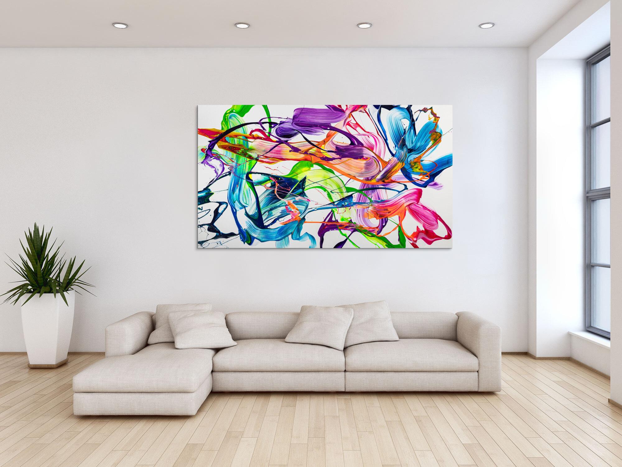 Original Gemälde abstrakt 100x180cm Action Painting zeitgenössisch handgemalt Fluid Painting weiß bunt hellgrün hochwertig