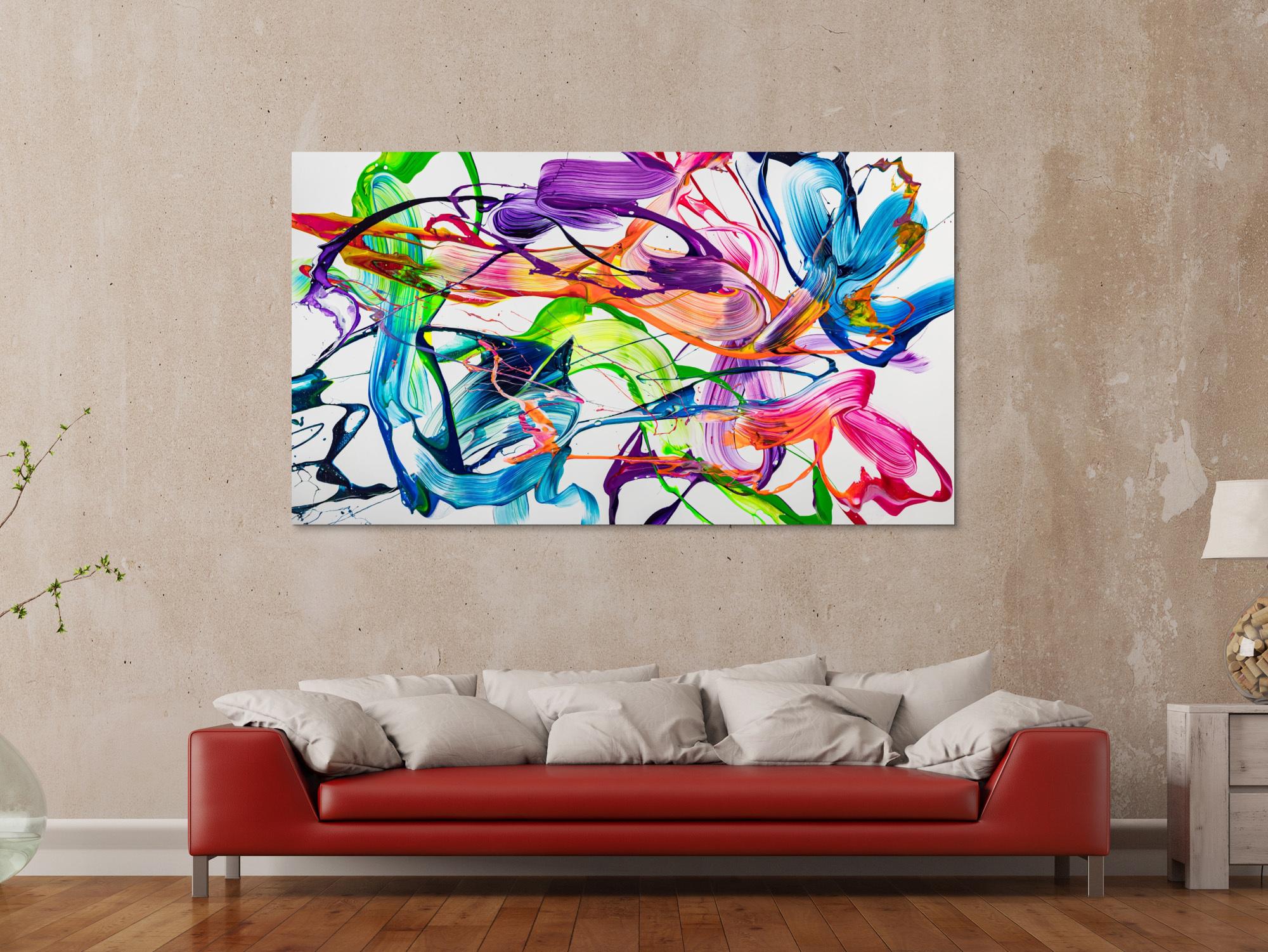 Original Gemälde abstrakt 100x180cm Action Painting zeitgenössisch handgemalt Fluid Painting weiß bunt hellgrün hochwertig