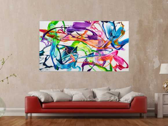 Original Gemälde abstrakt 100x180cm Action Painting zeitgenössisch handgemalt Fluid Painting weiß bunt hellgrün hochwertig