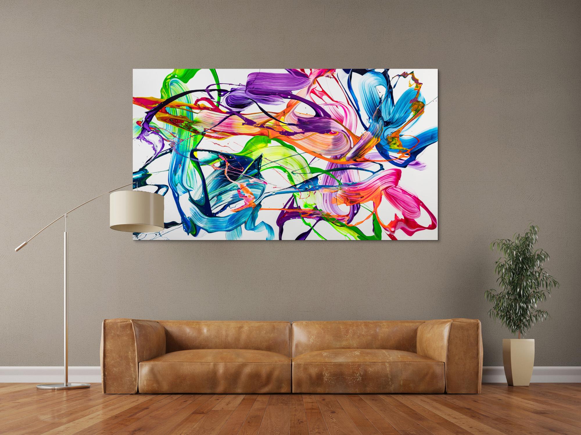Original Gemälde abstrakt 100x180cm Action Painting zeitgenössisch handgemalt Fluid Painting weiß bunt hellgrün hochwertig
