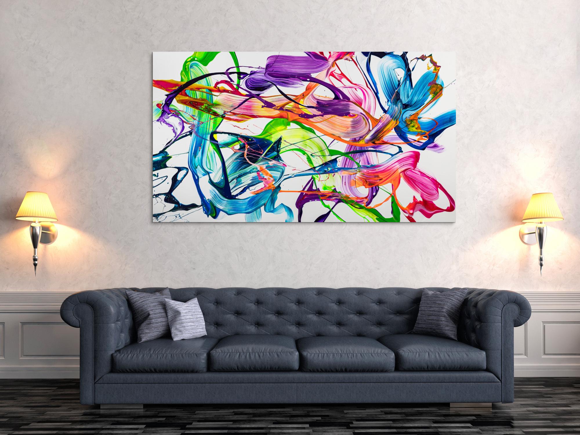 Original Gemälde abstrakt 100x180cm Action Painting zeitgenössisch handgemalt Fluid Painting weiß bunt hellgrün hochwertig