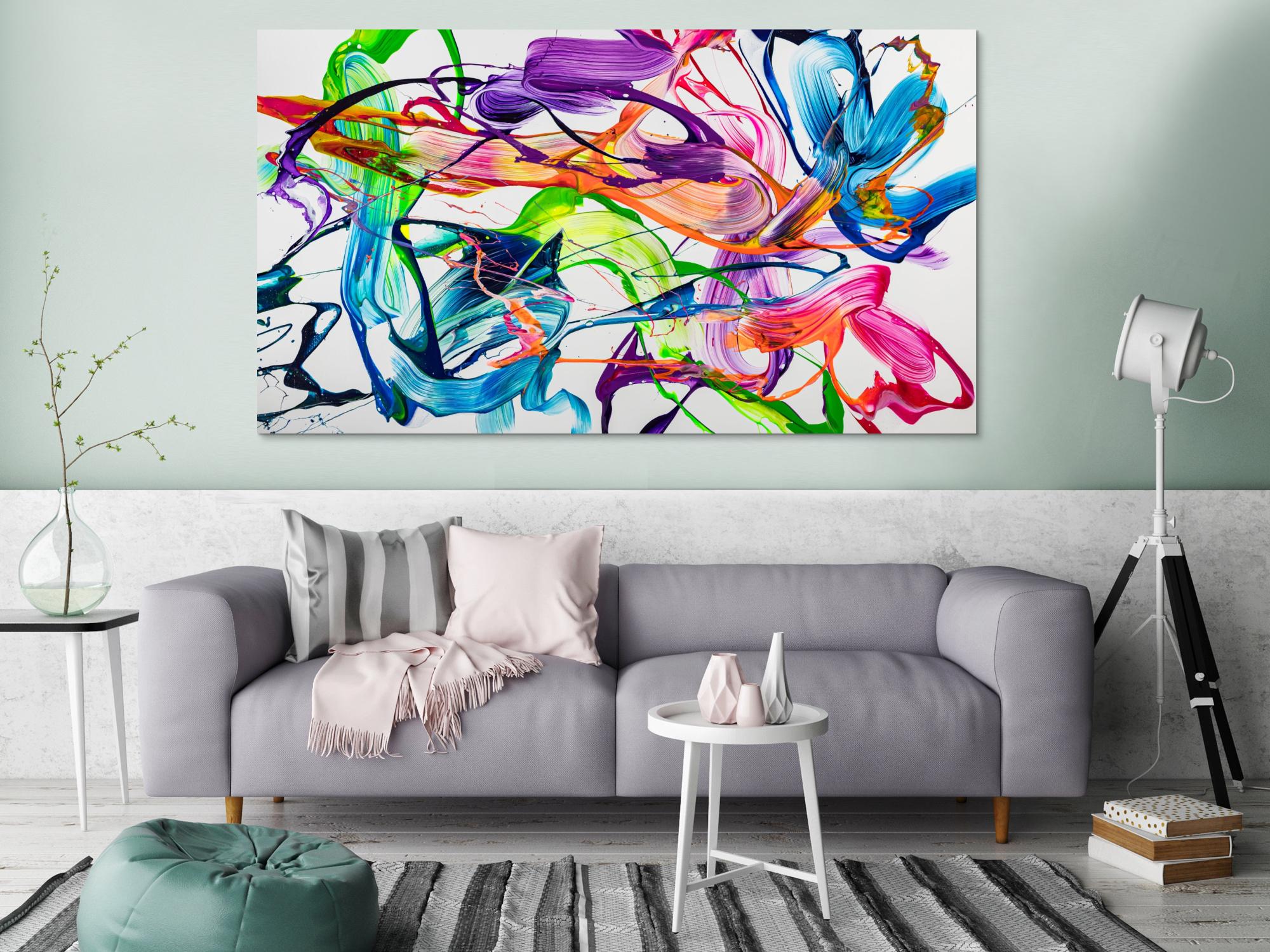 Original Gemälde abstrakt 100x180cm Action Painting zeitgenössisch handgemalt Fluid Painting weiß bunt hellgrün hochwertig